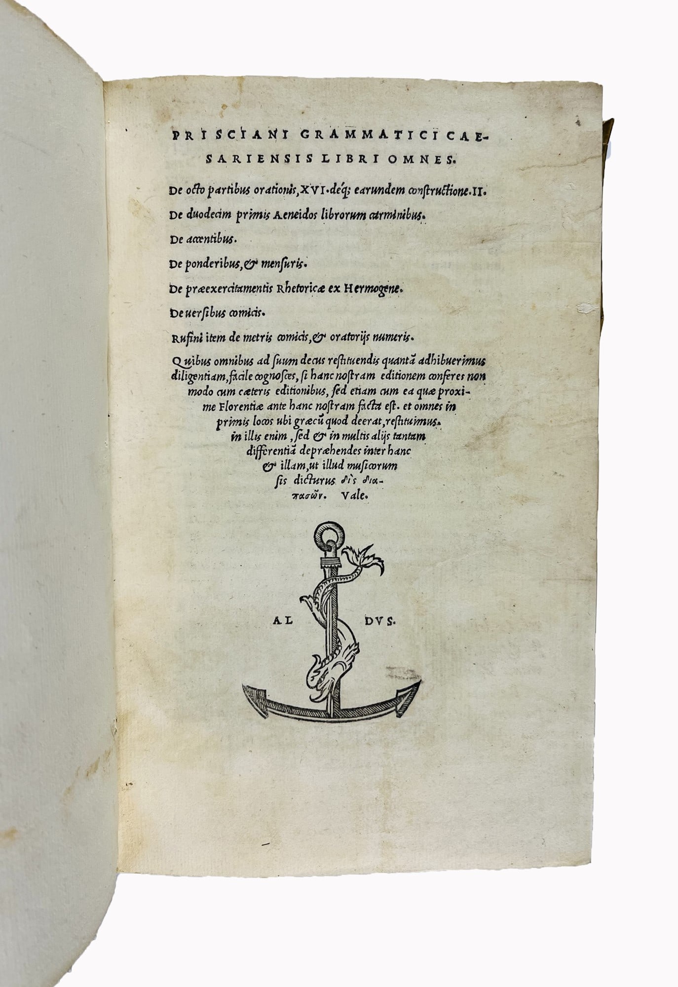 Aldine. PRISCIANUS. Prisciani grammatici Caesariensis Libri omnes. De octo partibus orationis, XVI. (1 of 2)