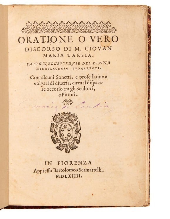 MICHELANGELO - TARSIA. Oratione o vero discorso fatto nell'essequie del divino Michelagnolo (1 of 2)