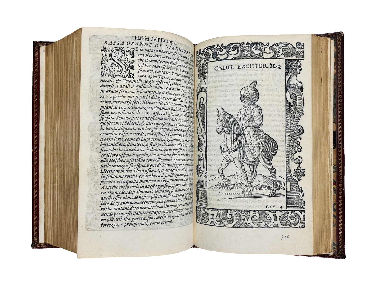 Costumes. VECELLIO. De gli habiti antichi, et moderni di diverse Parti del Mondo.: VECELLIO, Cesare. De gli habiti antichi, et moderni di diverse Parti del Mondo. Venezia, Damiano Zenaro, 1590Due parti in un volume in 8vo grande. 180x110 mm. Legatura inizio XIX secolo in marocchino