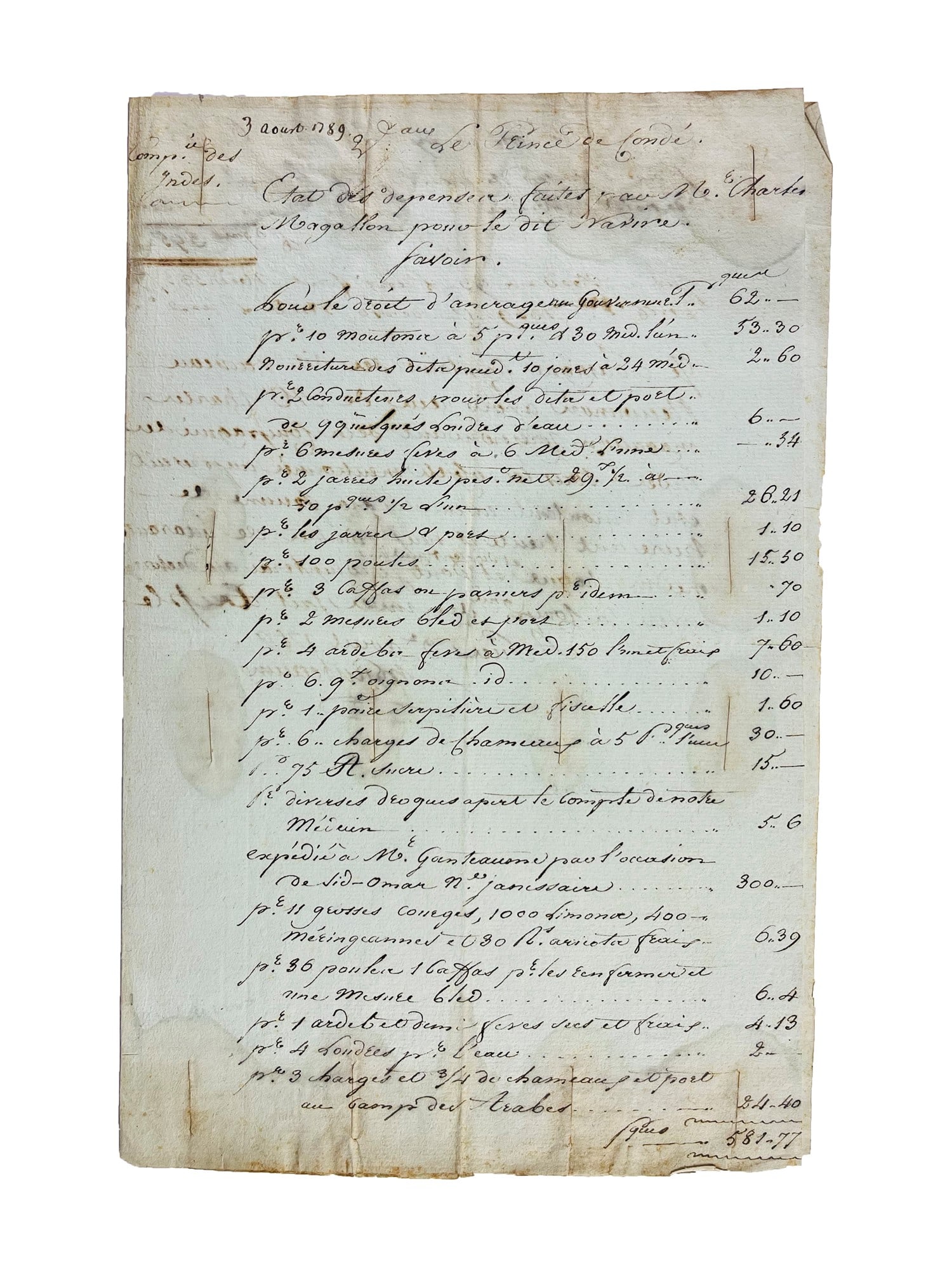 East India Company. GANTEAUME. Statement of Expenses for the French East India Company. (1 of 1)