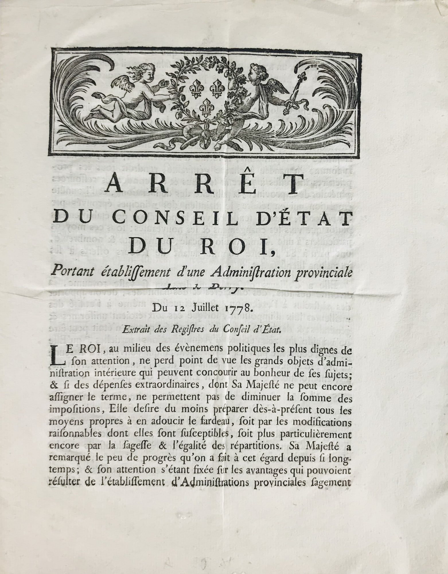 NECKER. Arret du Conseil d’Etat du Roi, Portant etablissement d’une Administration (1 of 2)
