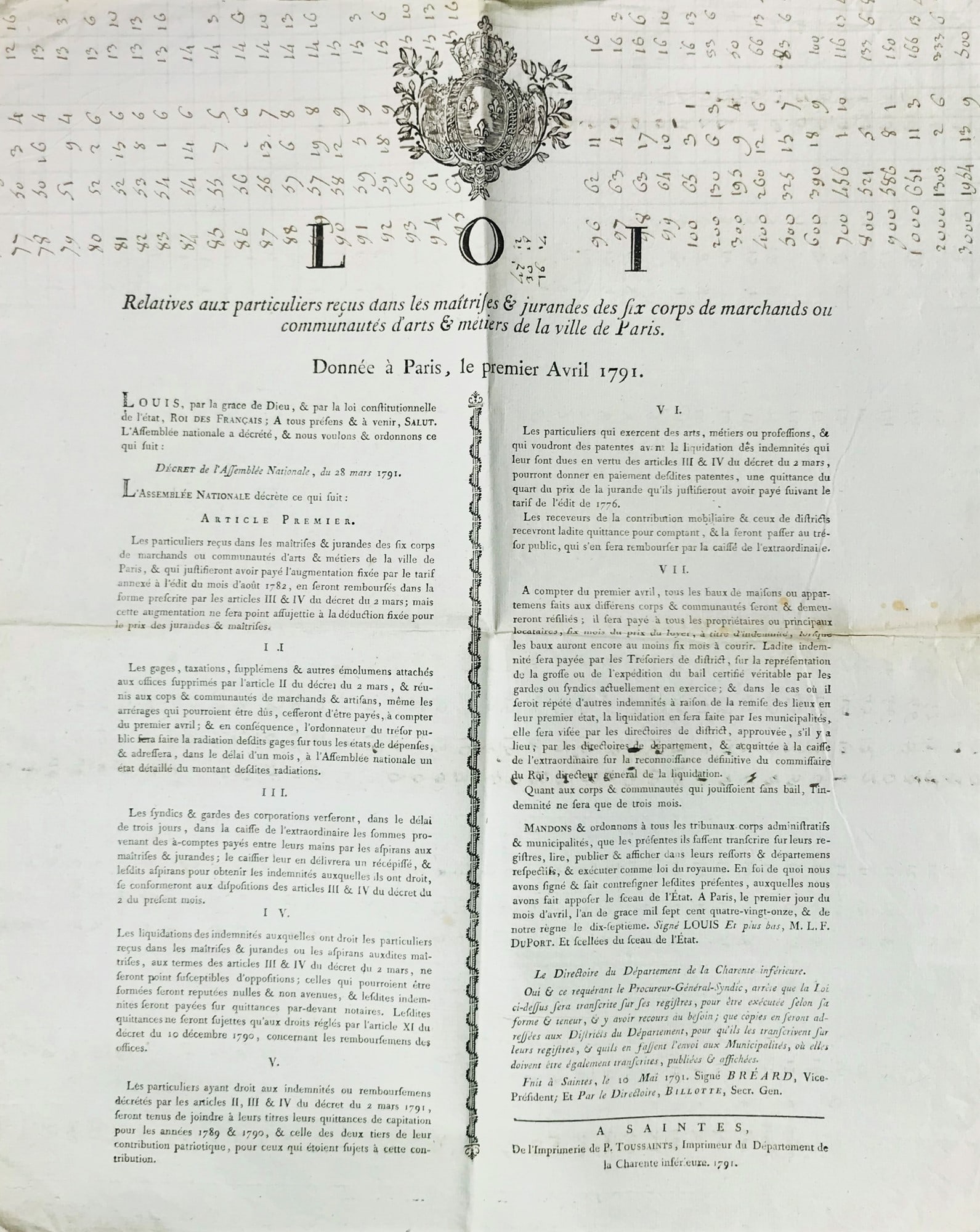 French Revolution - Economic Policy. Loi Relatives aux particuliers recus dans les maitrises & (1 of 1)