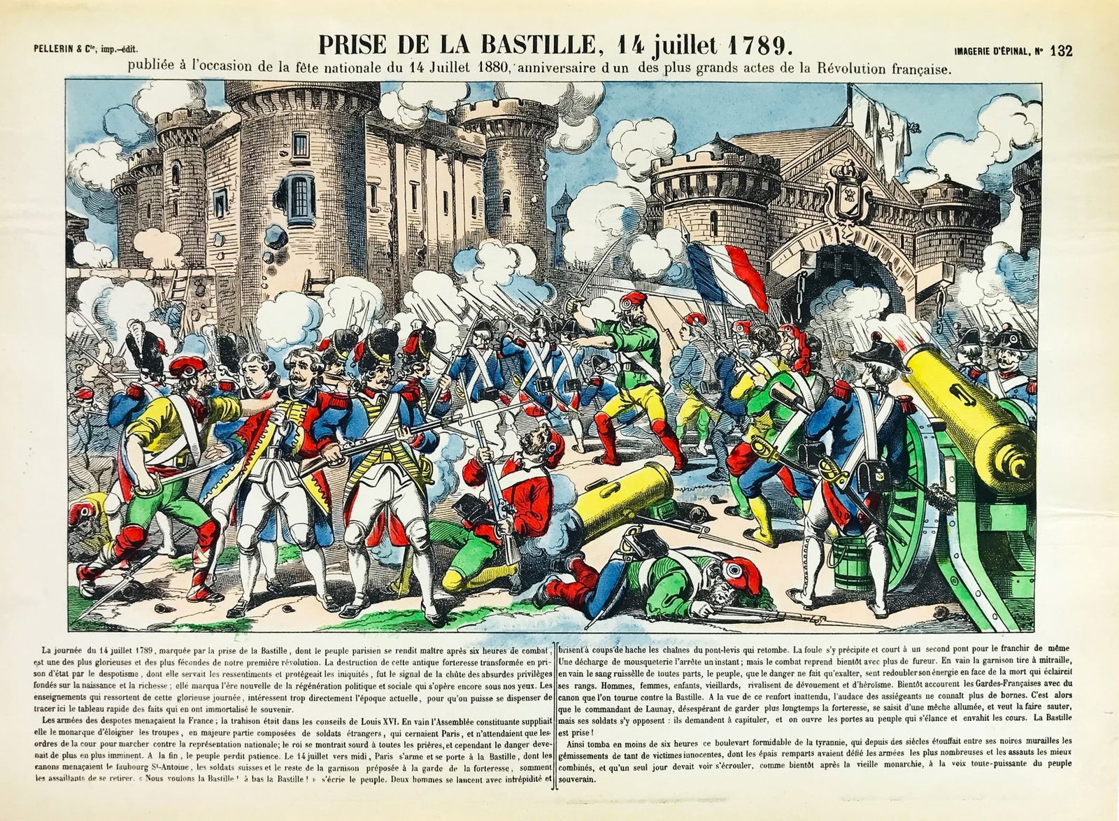 Epinal. Prise de La Bastille.: Prise de La Bastille.Epinal, Pellerin, XIX secoloXilografia colorata, mm. 603x500. Buon esemplare.