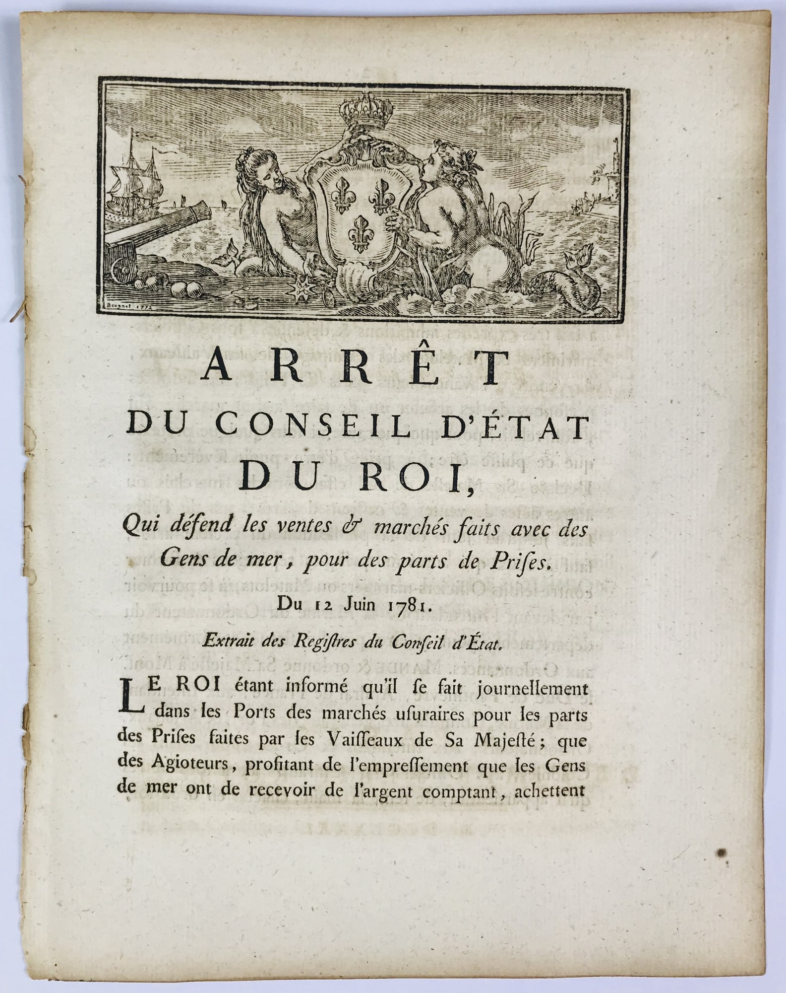 Corsairs. LOUIS XVI. Arrêt du conseil d’État du Roi, qui défend les ventes & (1 of 1)