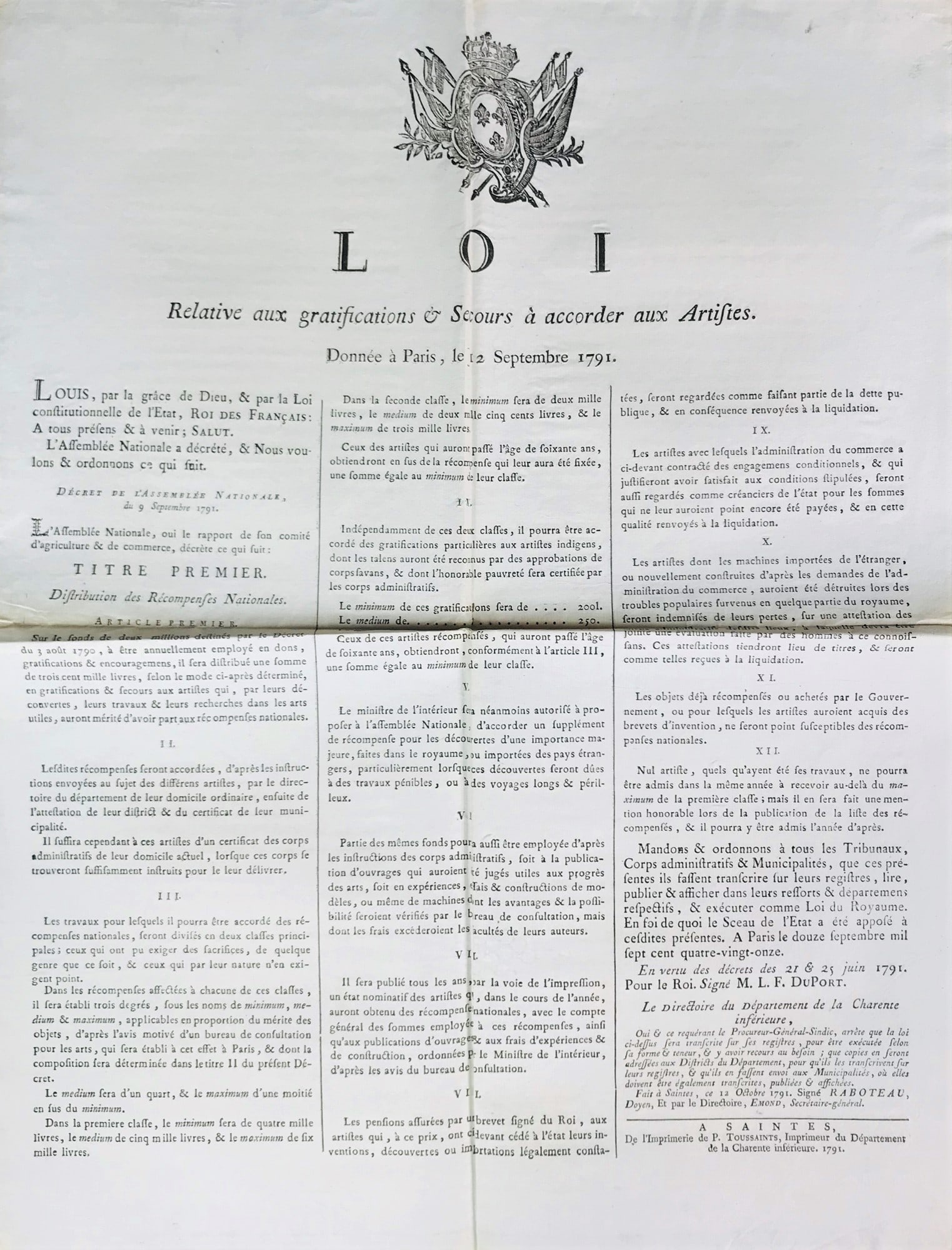 Loi relative aux gratifications & Secours à accorder aux Artistes. (1 of 1)