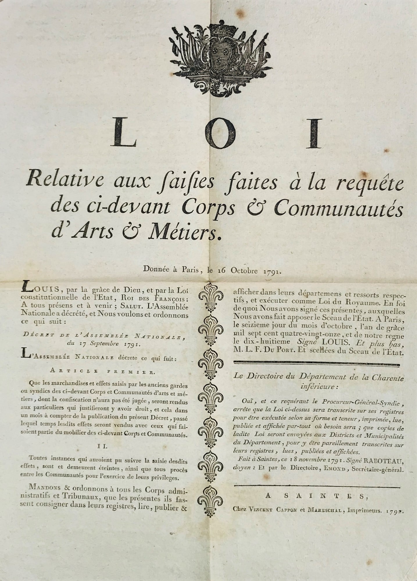 Poster. French Revolution. Abolition of Corporations. Loi Relative aux saisies faites à la (1 of 1)