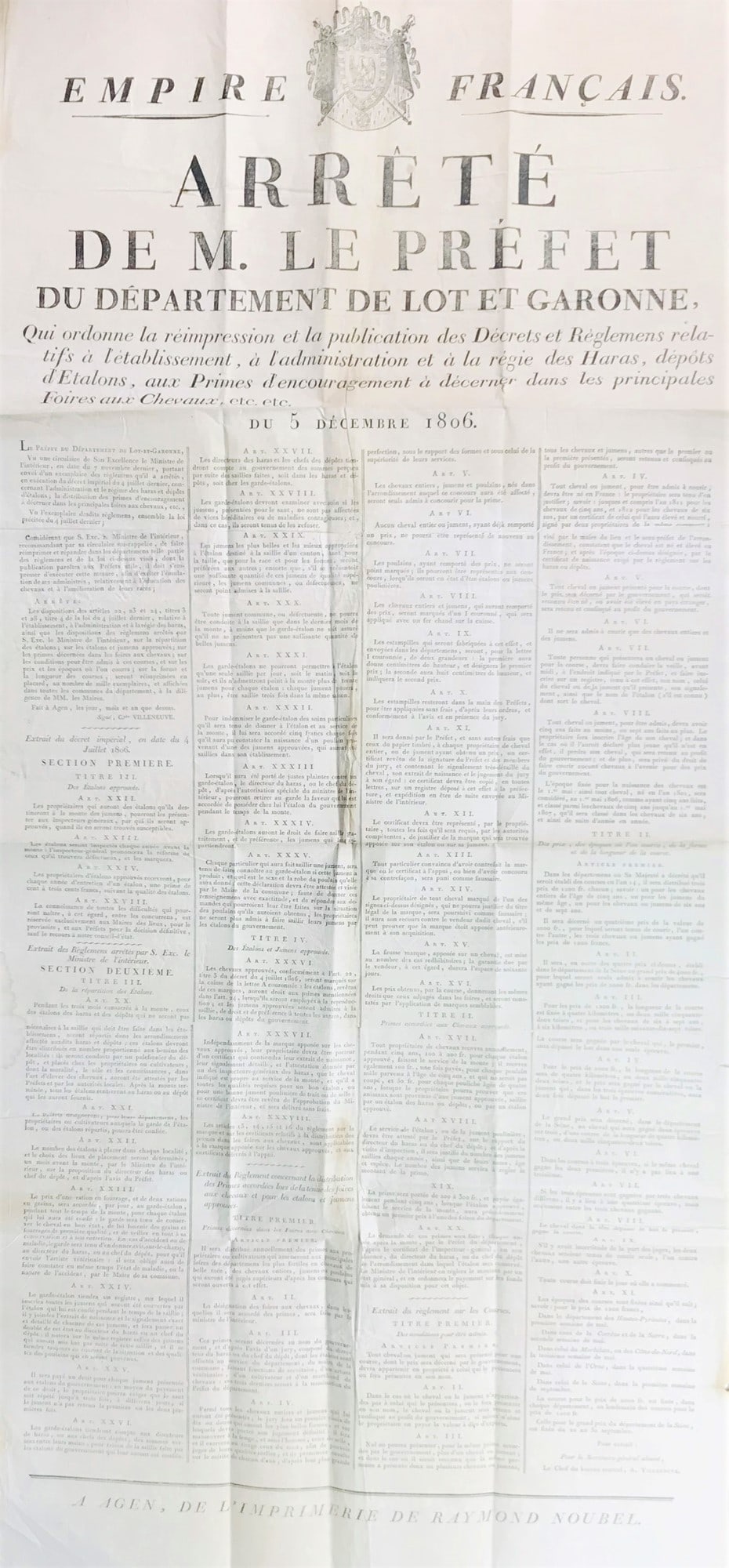Horses. EMPIRE FRANCAIS. Arreté de M. Le Préfet du Departement de Lot et Garonne. (1 of 1)