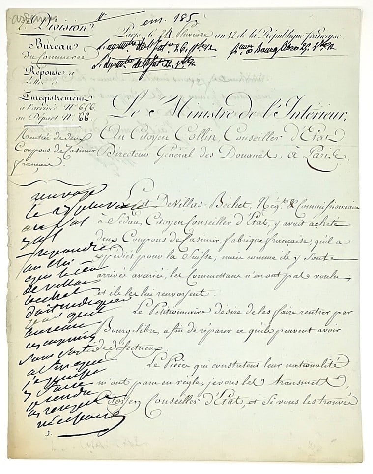 CHAPTAL. Autograph letter as Minister of the Interior. (1 of 2)