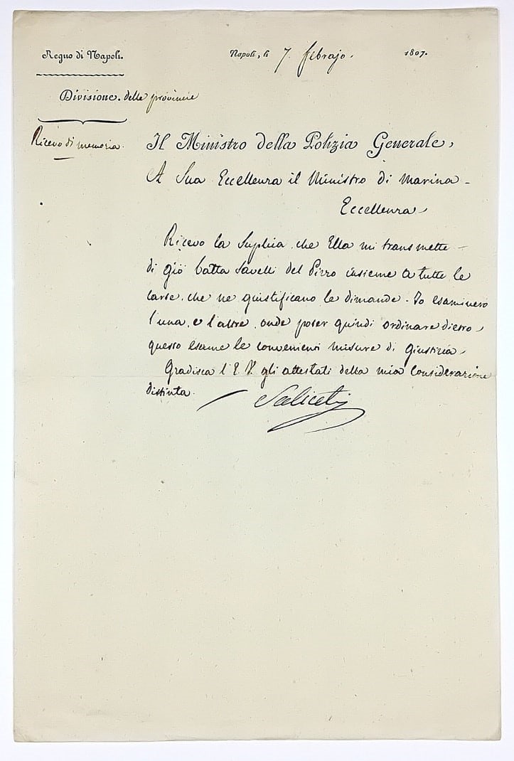 Corsica. SALICETI. Autograph letter to the Minister of the Navy of the Kingdom of Naples. (1 of 1)