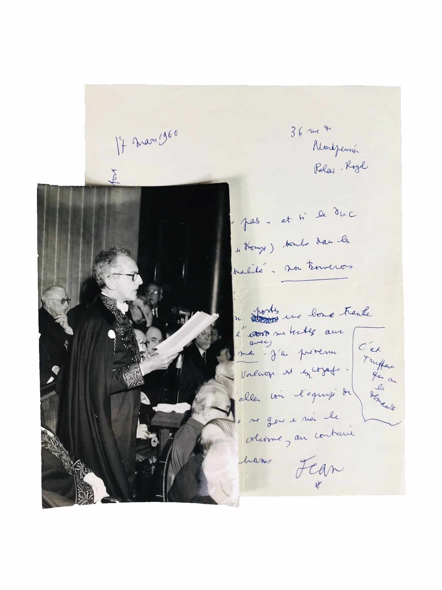 COCTEAU. Autograph signed letter to Roger Pillaudin and photographic portrait. (1 of 2)