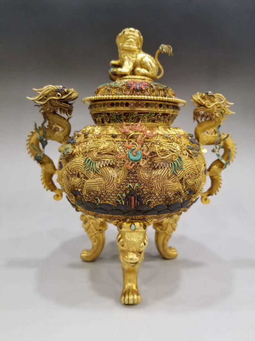 Qing Pure gold filigree double dragon smoked (1 of 7)