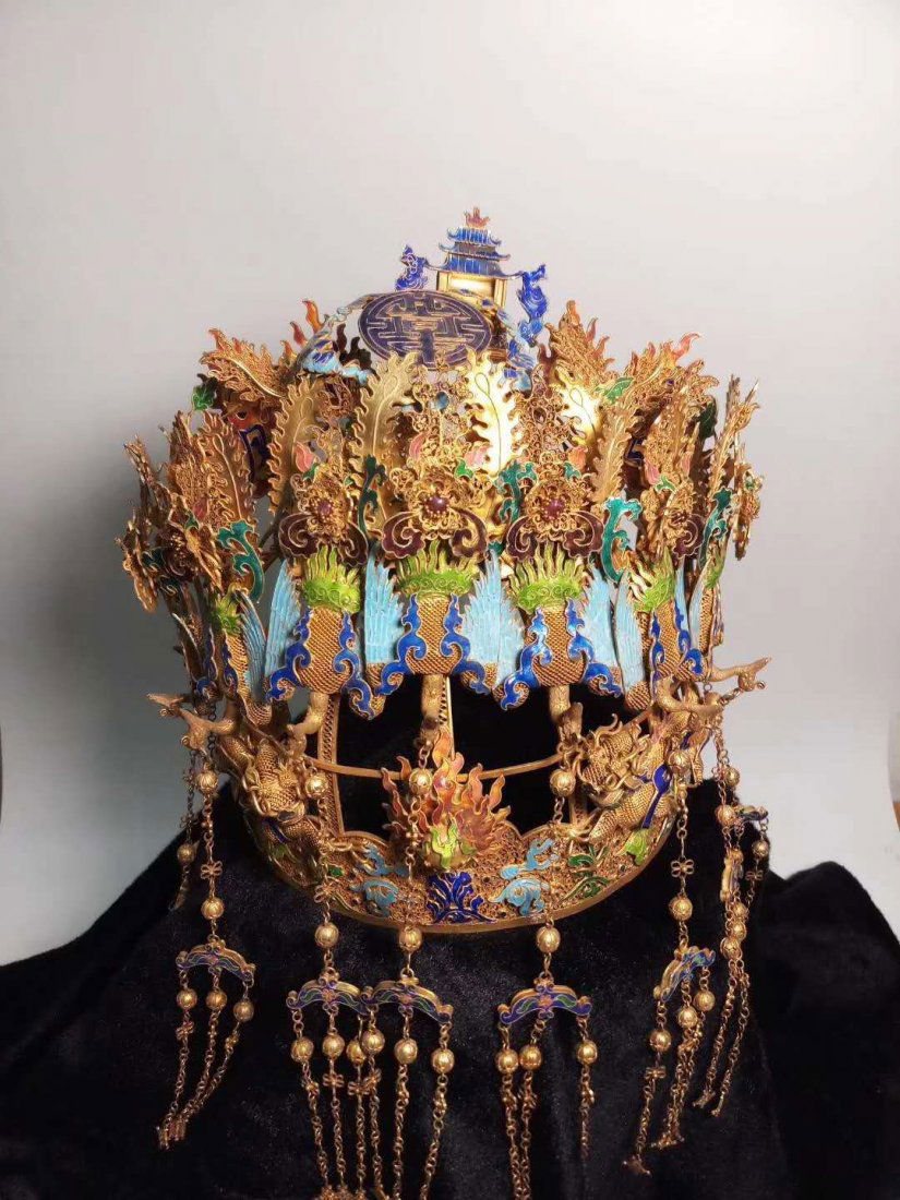 Silver gilt Dragon phoenix cap hat (1 of 9)