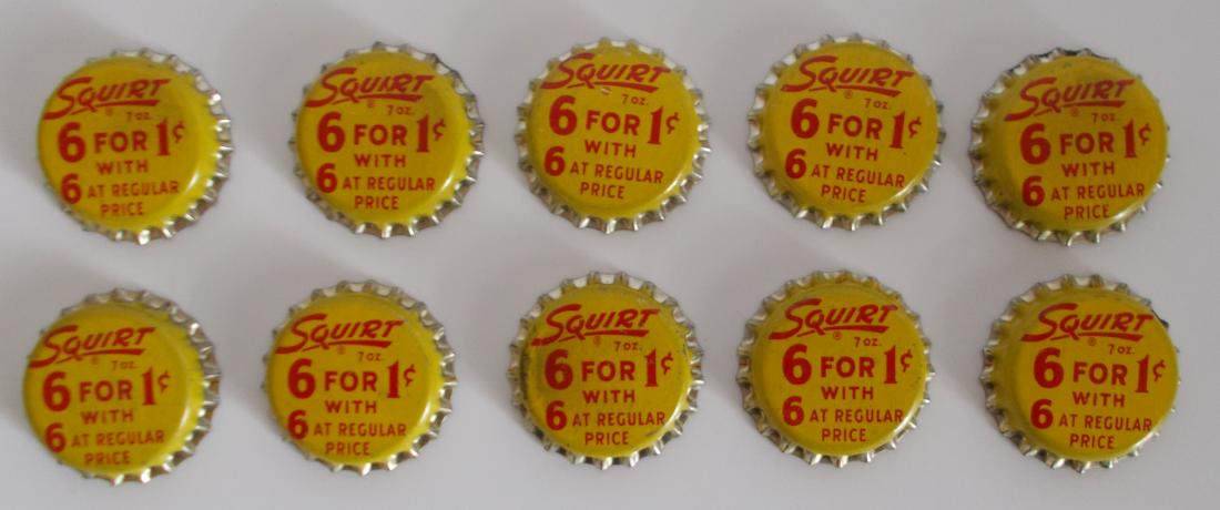 Lot of 10 Unused Cork Lined Squirt 6 for 1¢ Soda Bottle: They are unused and in nice shape with very minor color aging.