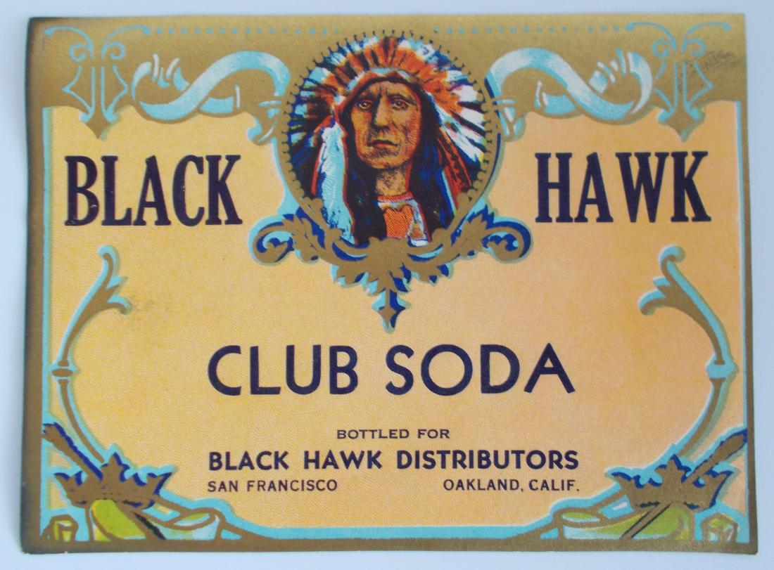 Black Hawk Club Soda Label - Indian Chief 1910's Unused (1 of 1)