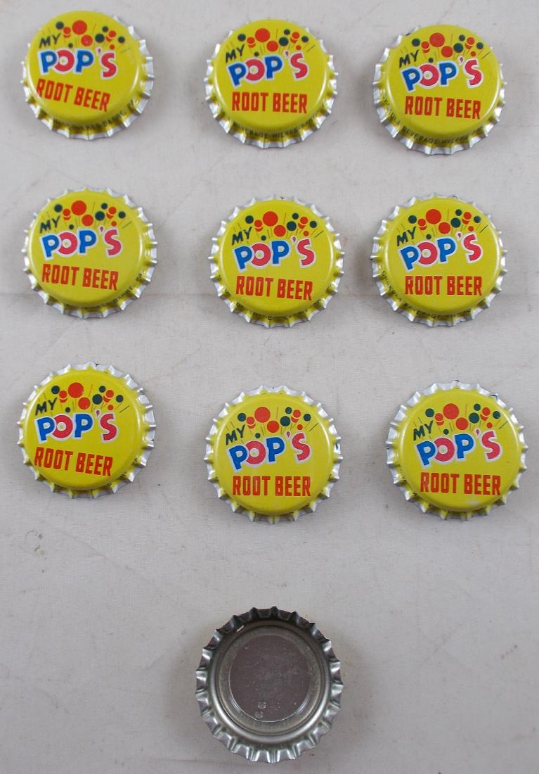 10 My Pop's Root Beer Soda Caps, c.1980's. Plastic: Very colorful and very scarce root beer cap. Found in an old bottling plant in Wilkes-Barre, Pennsylvania.