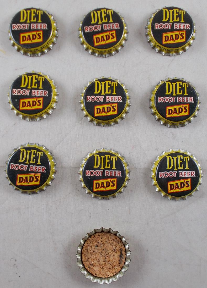 Group of 10 Cork Lined Diet Dad's Root Beer Soda Caps,: One of the first diet soda drinks to be sold nationally. found at the Belleville Bottling Company in Belleville, IL and are marked as such around the rim. Excellent unused condition.