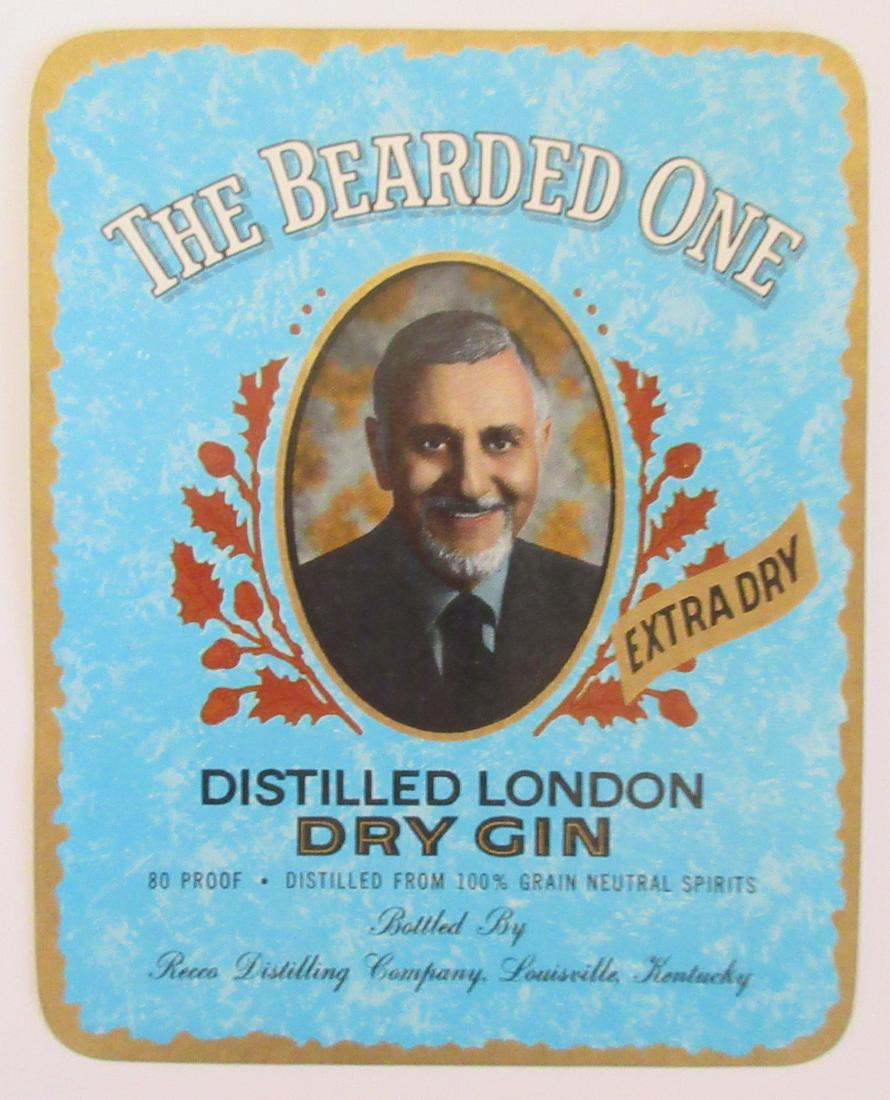 The Bearded One Dry Gin label. c.1940's: Unused old stock from the Recco Distilling Company in Louisville, KY.