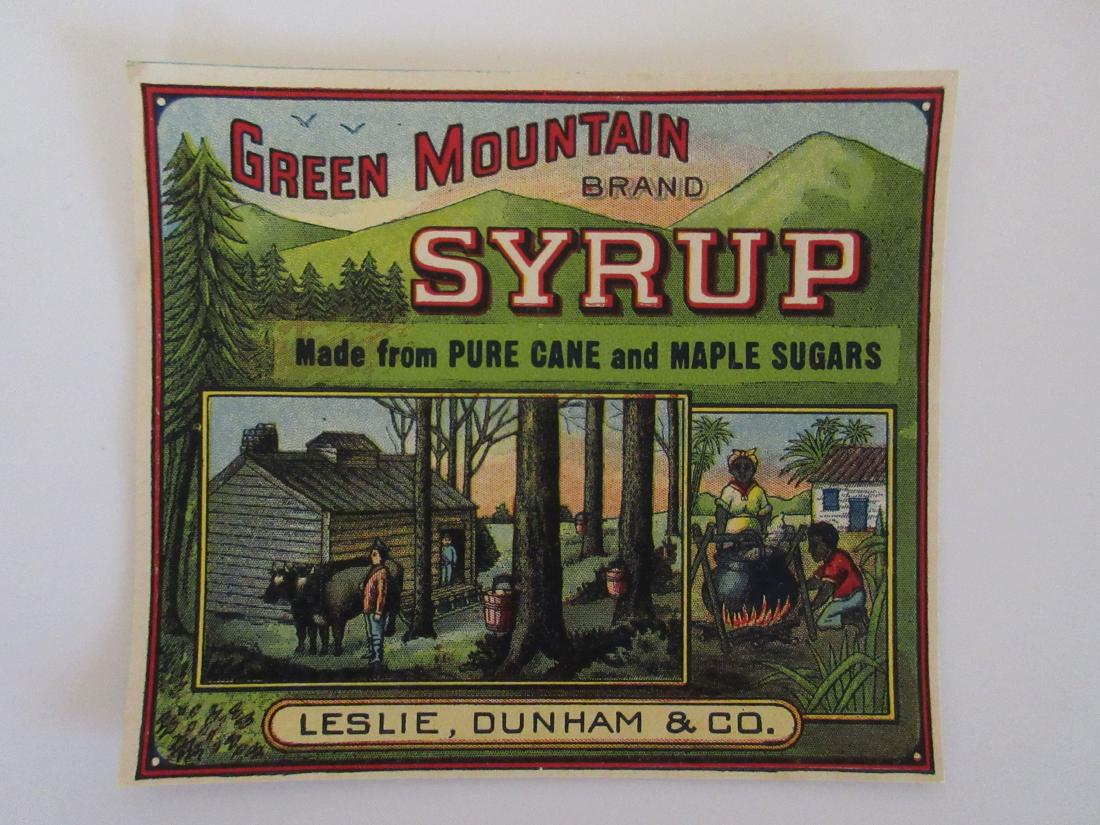 Green Mountain Syrup Label with Mammy - Black Americana: 4-3/4” Excellent unused condition and are the rarest and oldest of the Green Mountain labels. c.1910 or earlier.