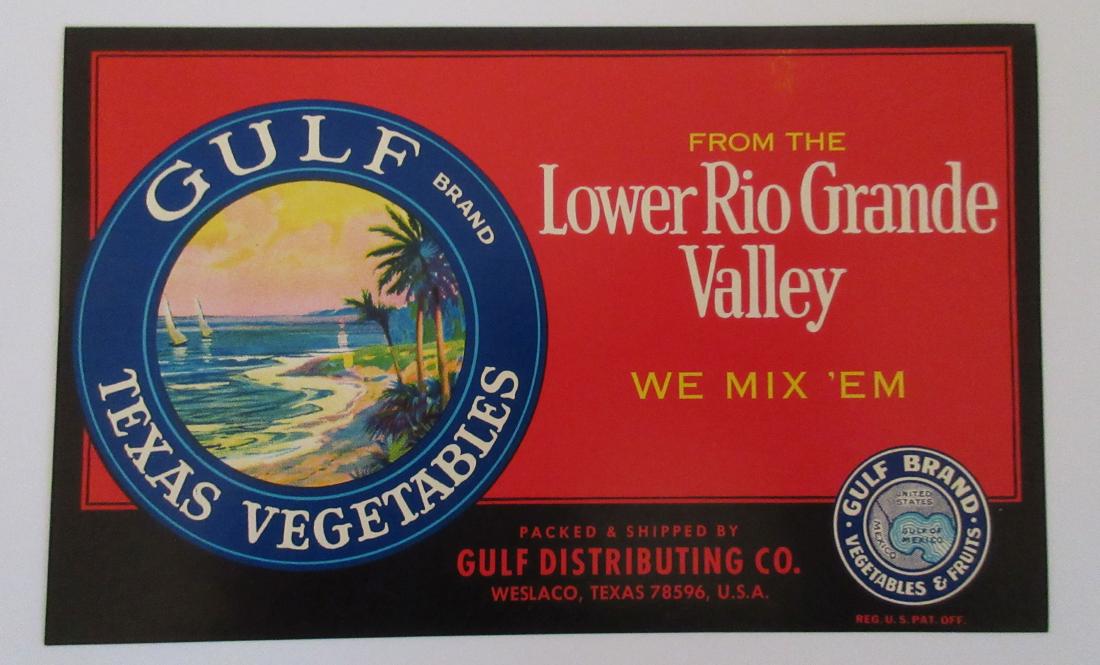 Gulf Brand Texas Vegetables Crate Label c.1960s: Old unused factory stock in excellent condition from the "Gulf Distributing Co." in Weslaco, Texas".