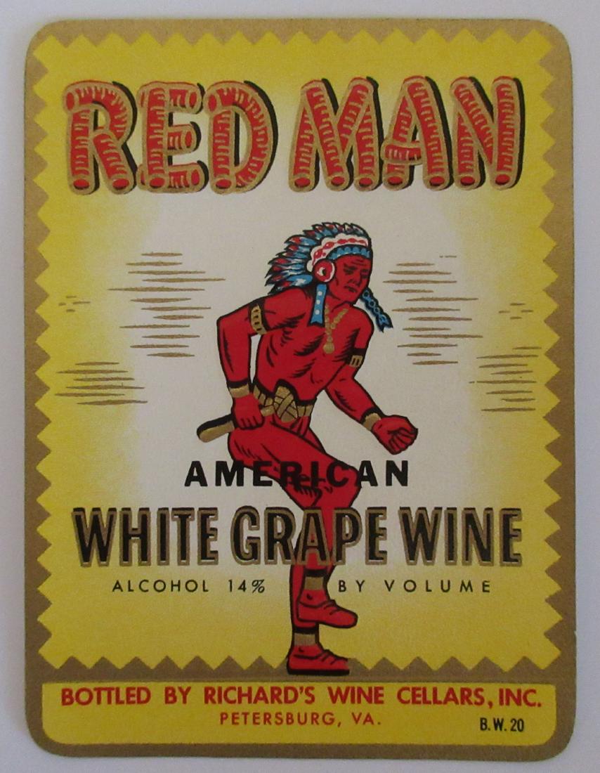 Red Man Wine Label c.1940s: Embossed picture of a dancing Indian. Unused vintage stock from Richard's Wine Cellars in Petersburg, VA.
