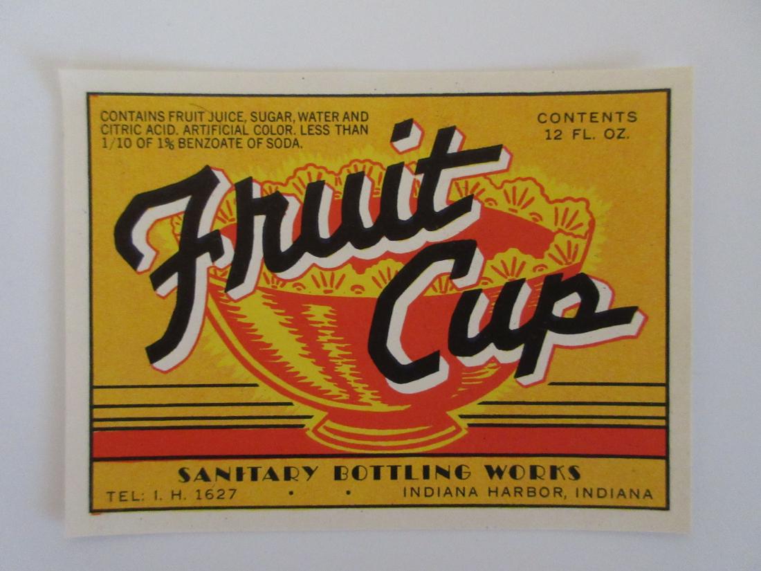 Sanitary Brand Fruit Cup Soda Bottle Label c.1930's: Unused, old stock. Old phone number "Tel: I. H. 1627" on the label.