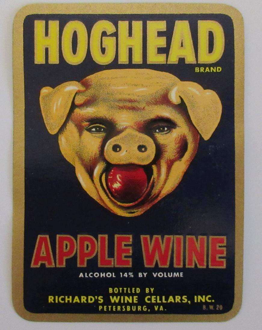 Hoghead Apple Wine Label c.1940's: Embossed and gilded picture of a hogs head. Unused vintage stock from Richard's Wine Cellars in Petersburg, VA.