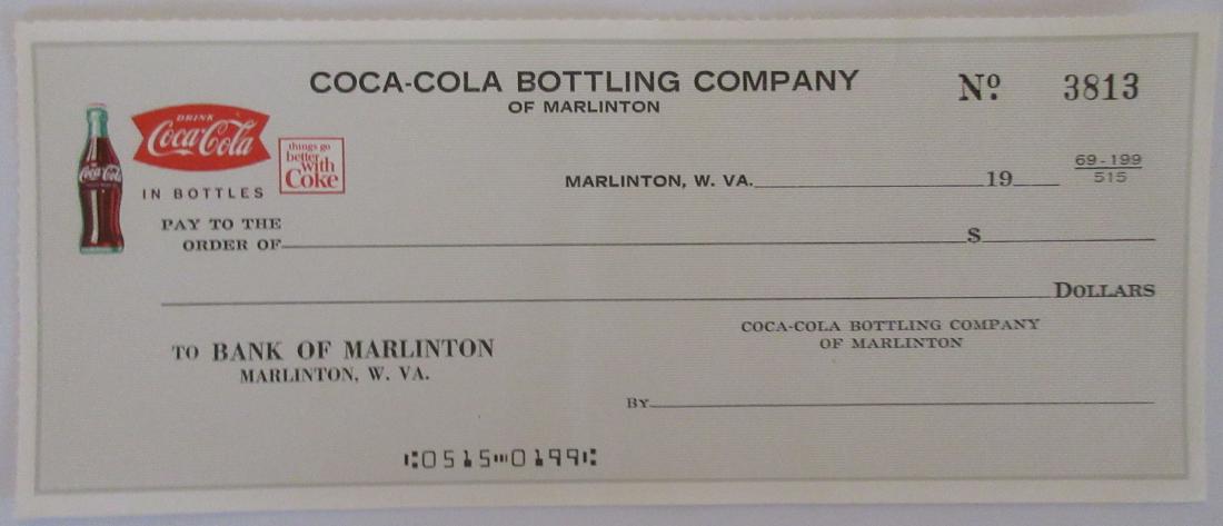 Very scarce Coca-Cola Check from the Marlinton Plant. (1 of 1)