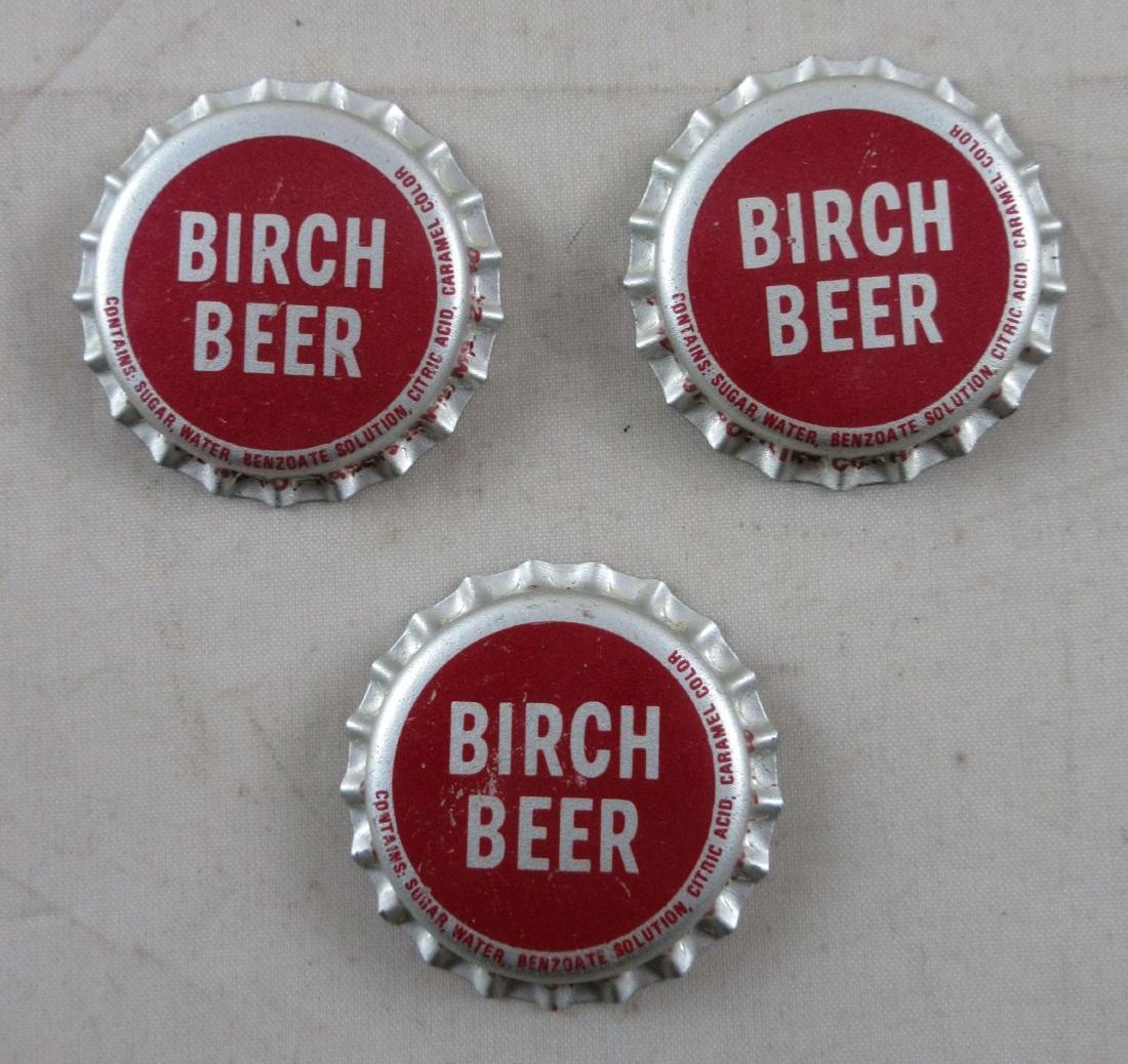 Lot of 3 Birch Beer cork lined soda caps. c.1960's: Found in an old bottling plant in Hagerstown, MD. Unused old stock.