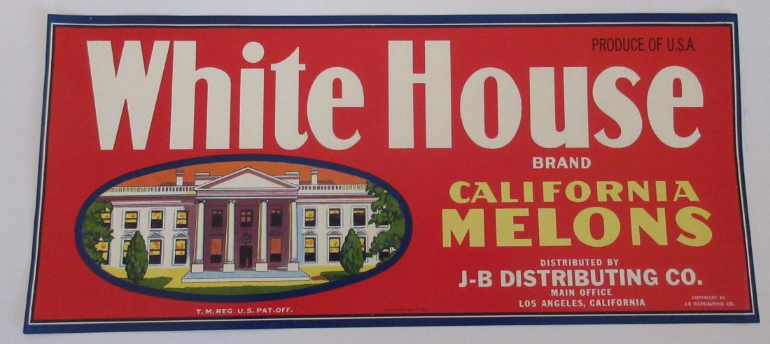 Large vintage 13 1/2" wide White House Brand California: Unused old stock from J-B Distributing Co. in Los Angeles, California.