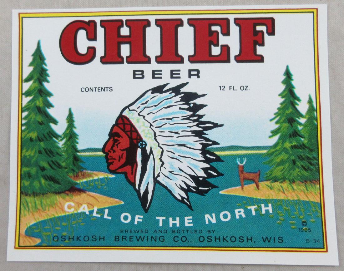 Chief Beer Bottle Label Picturing Chief Oskosh. Dated (1 of 1)