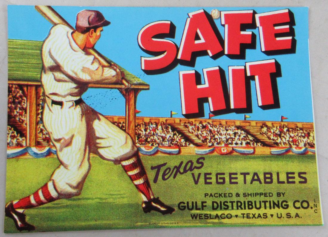 Safe Hit Texas Vegetable Crate Label 7” wide. c.1950s (1 of 1)