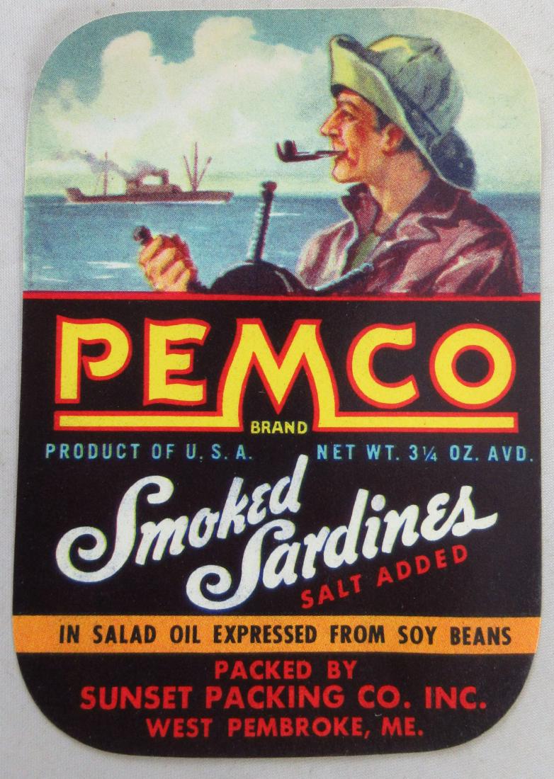 Pemco Sardines Label featuring fisherman. c.1940: Found at the Sunset Packing Company warehouse in West Pembroke, ME. Excellent unused condition.