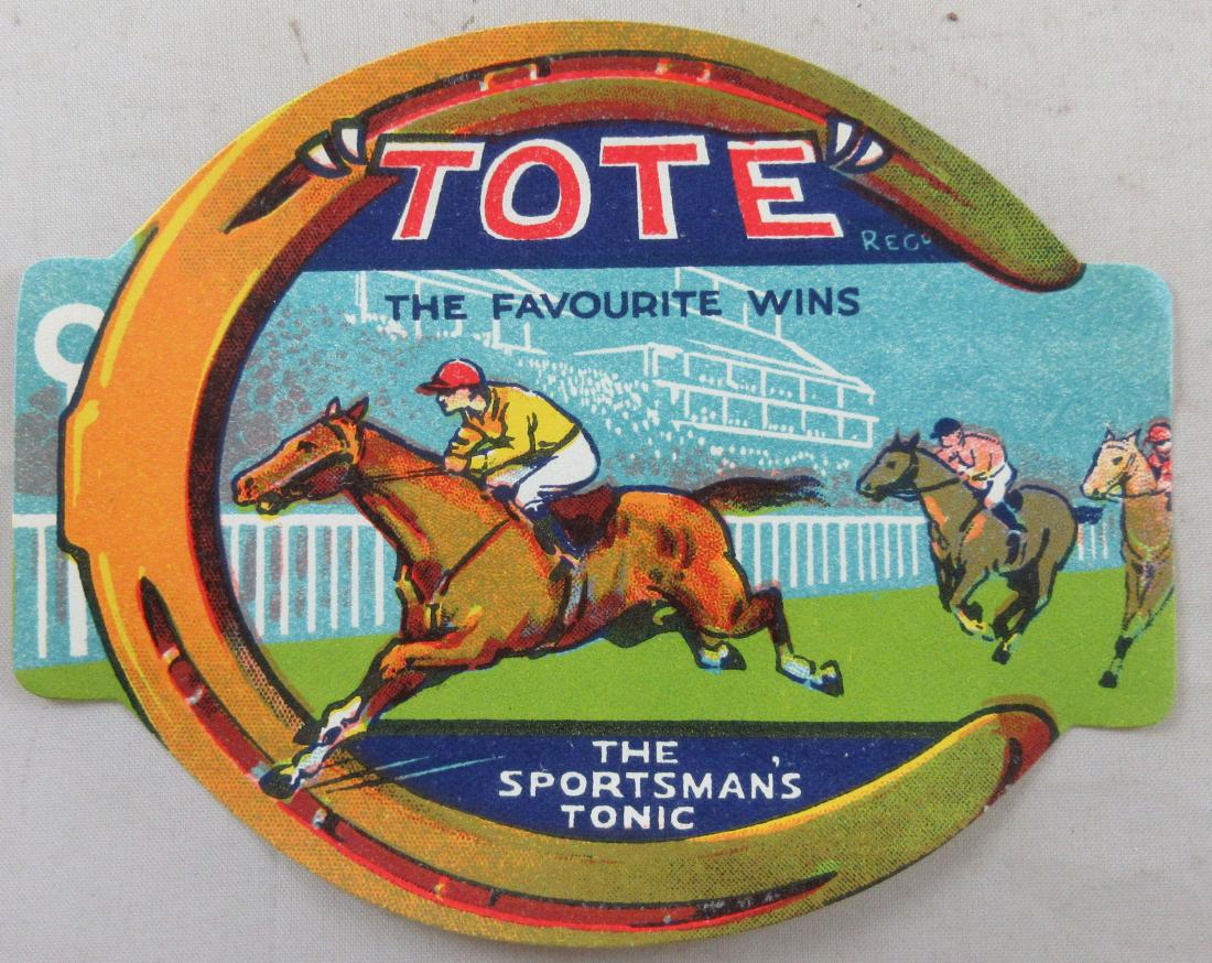 Tote Sportsman's Tonic Label featuring horse racing: Unused old stock in great condition.