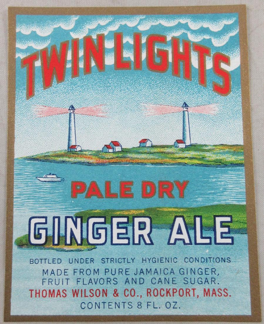 Twin Lights Pale Dry Ginger Ale Label 3-1/2” tall.: Found at Thomas Wilson & Co. in Rockport, MA. Beautiful old stone litho. Excellent unused condition.