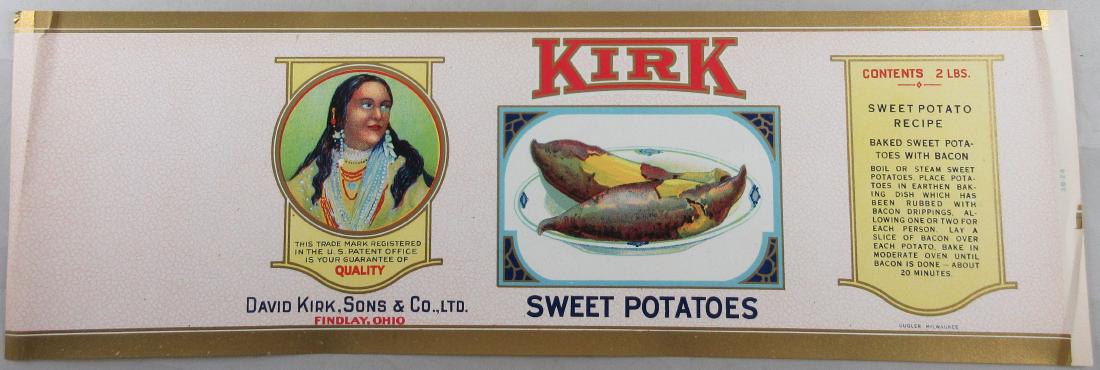 Kirk Sweet Potatoes Label 14” long. c.1920s Very nice (1 of 1)