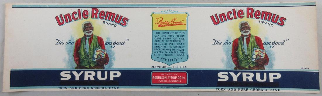 Uncle Remus Cane and Corn Syrup Label - "Dis Sho' am: From the Robinson Syrup Company that was in Cairo, Georgia and are marked as such. In excellent unused condition.
