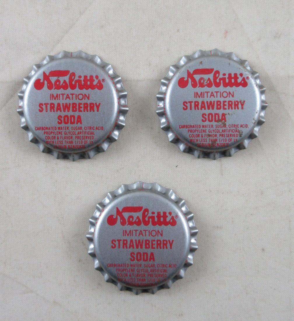 Lot of 3 Plastic lined Nesbitt Strawberry bottle caps.: Found at the Nesbitt plant in Doraville, GA and are marked as such. Circa 1970s. Unused old stock in excellent condition.