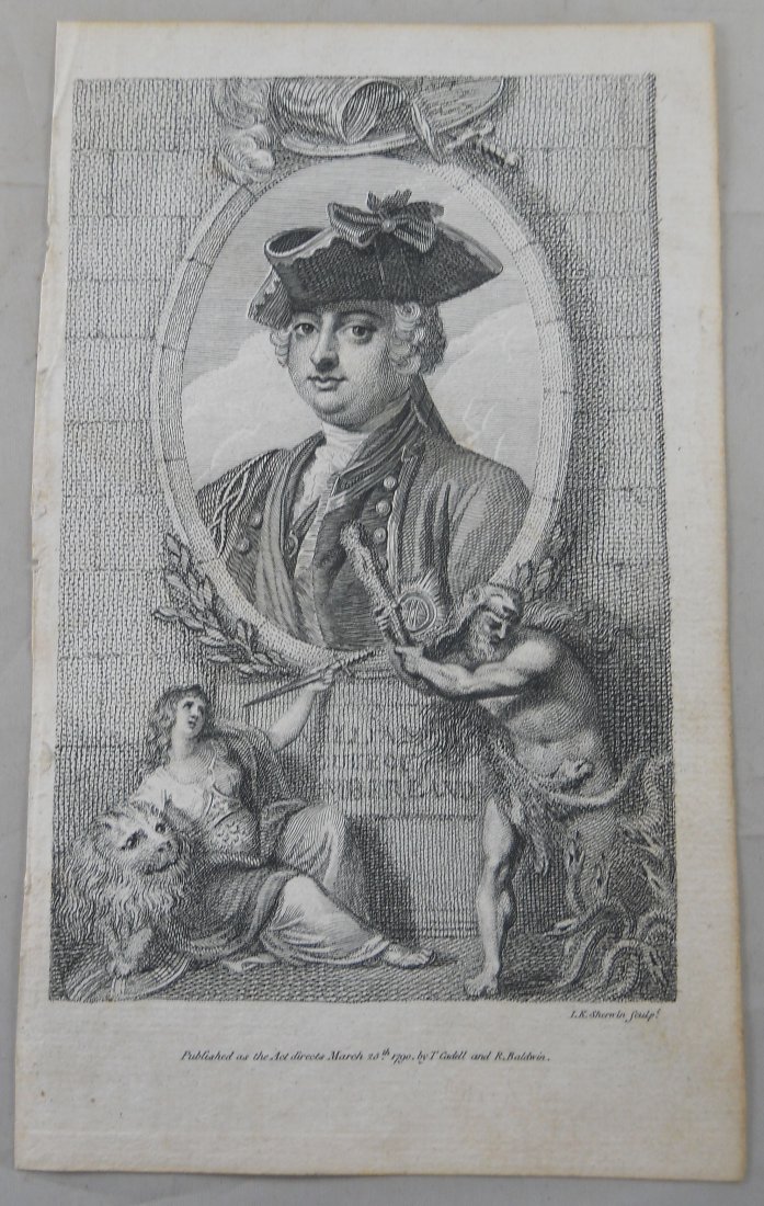 Engraving of Duke of Cumberland by I.K. Sherwin,: "Published as the Act directs March 25th 1790 by T. Cadell and R. Baldwin. Very good with foxing to edges.