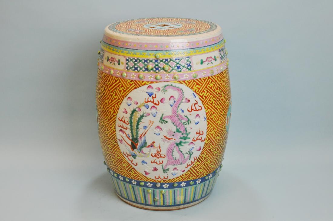 Yellow Porcelain Garden Stool: Orange and Yellow Patterned Garden Stool with Dragon and Phoenix Panels. 18” in height. Tung Chih 1862-1874.