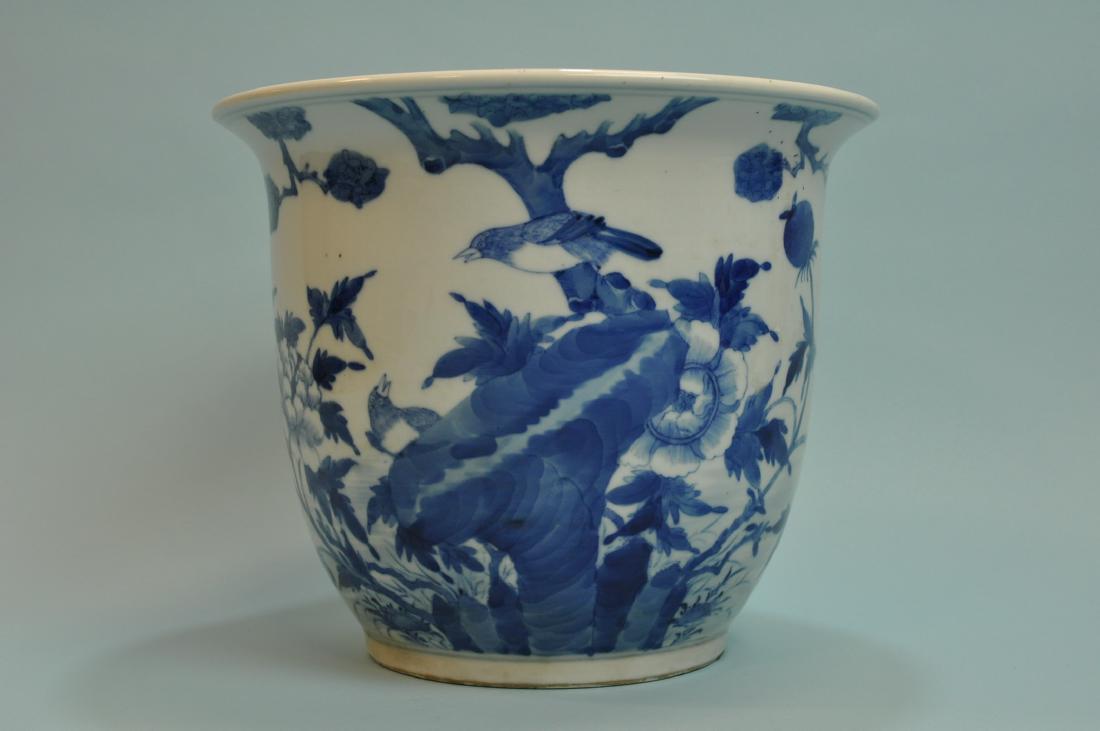 Blue & White Porcelain Planter: Blue and white porcelain Planter with Bird design. 9” high. Tung Chih 1862-1874.