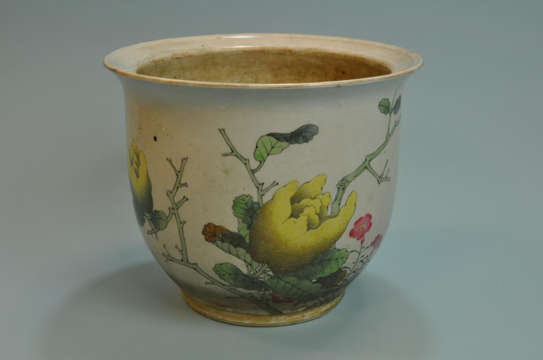 Antique Chinese Porcelain Planter: White Planter with Yellow Floral Design and Markings on the Back Height 8.75"