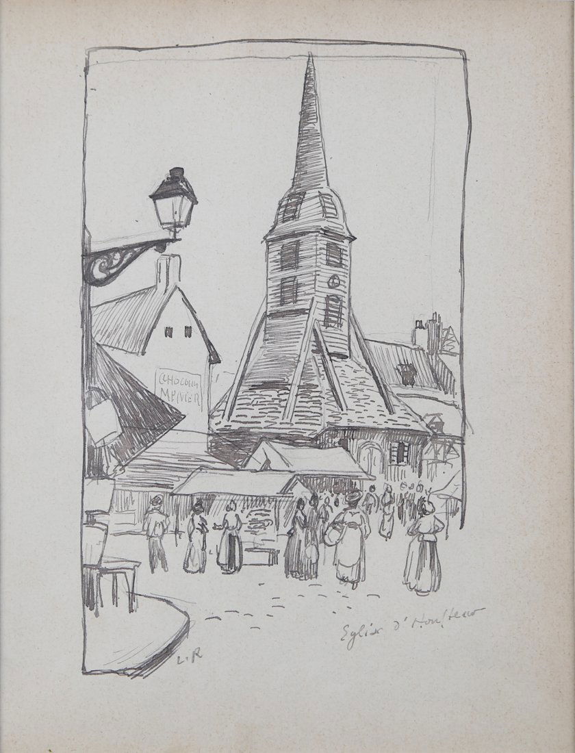 Ludovic-Rodo Pissarro - 1903 - Pen & Ink: Original pen and ink on paper. Artist - Ludovic-Rodo Pissarro. (1878-1952). Title - L'Eglise d'Honfleur'. Size - 8.75 x 7 inches. (22.3 x 17.8 cm). Signed with initials lower left. Completed in 1903.