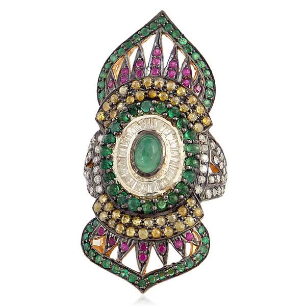 18kt Gold Emerald Diamond Ruby Moghul Ring: Emeralds rubies and 1.61 cts of diamonds are set in 18kt gold in this precious Moghul ring. The dimensions are 27x17x44
