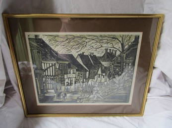 20th Century unsigned linocut, Saffron Walden? 12'x16'