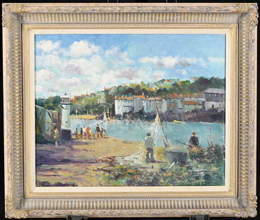 John Ambrose Original Oil On Canvas: Title: John Ambrose Original Oil On Canvas Description:  7646 - Original oil on canvas by the English artist John Ambrose. This coastal scene titled "Mending the nets, Cornwall" is stu