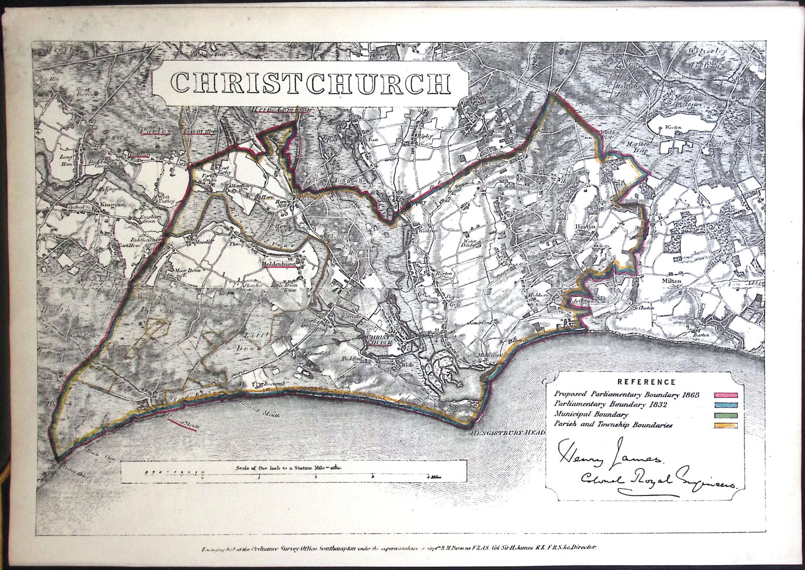 Christchurch Dorset Boundary Commission 157-Year-Old Coloured Antique Map. (1 of 2)