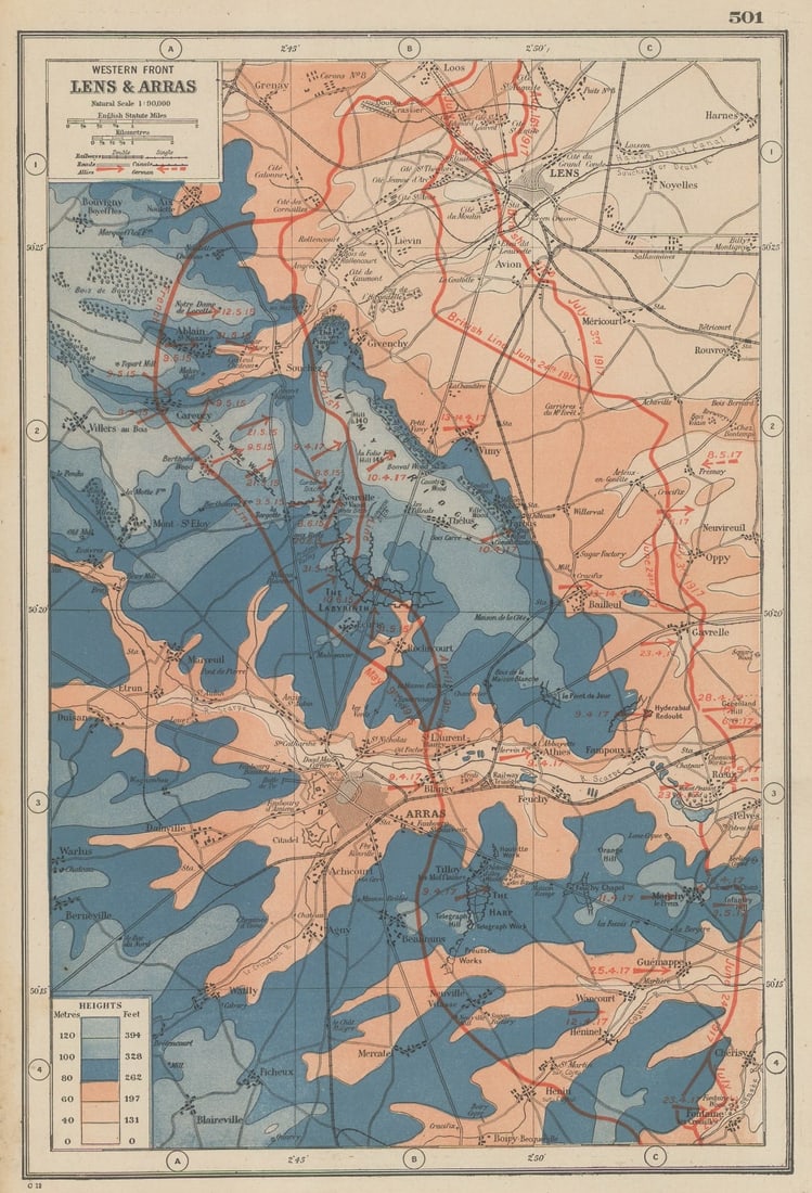 WWI Battle Plan of the Western Front Between Lens and Arras Antique Map: Title: WWI Battle Plan of the Western Front Between Lens and Arras Antique Map Description: Removed from an Antique 1922 Harmsworth New Atlas WW1 Supplement. This Single Sheet
