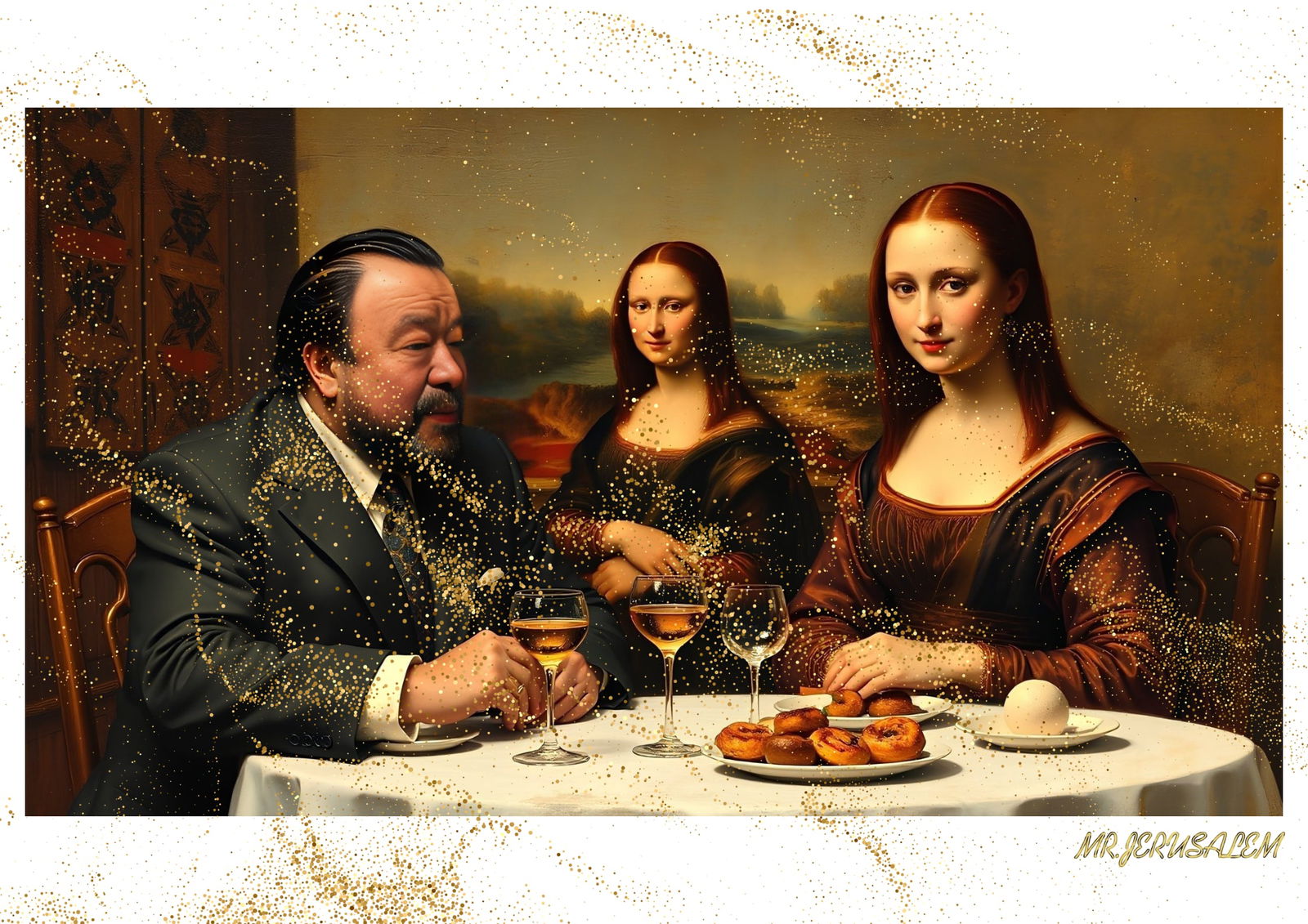 Mr.Jerusalem “Ai Weiwei Having Dinner With Mona Lisa-D1” Original, A2 Poster Print: Title: Mr.Jerusalem “Ai Weiwei Having Dinner With Mona Lisa-D1” Original, A2 Poster Print Description: Original A2 Poster Digital print on paper, Solid 