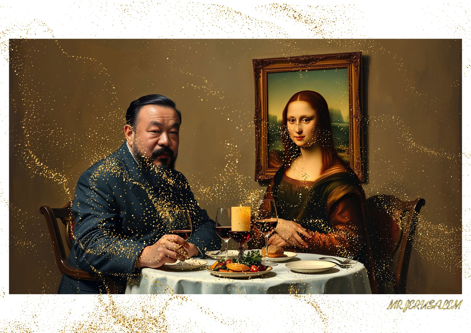 Mr.Jerusalem “Ai Weiwei Having Dinner With Mona Lisa-D2” Original, A2 Poster Print: Title: Mr.Jerusalem “Ai Weiwei Having Dinner With Mona Lisa-D2” Original, A2 Poster Print Description: Original A2 Poster Digital print on paper, Solid 