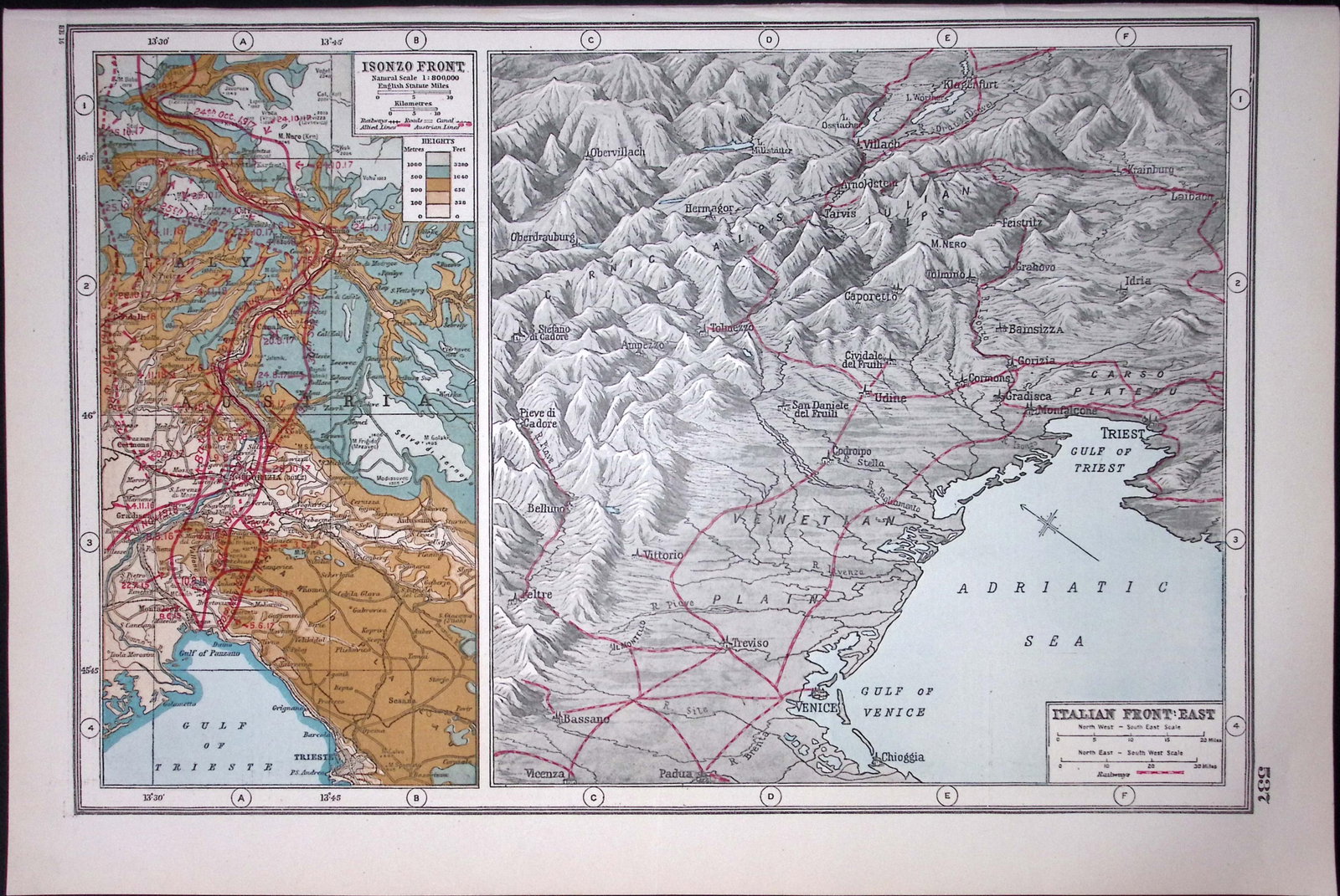 WW1 Italian Front East & The Isonzo Front Battle Lines Antique Map: Title: WW1 Italian Front East & The Isonzo Front Battle Lines Antique Map Description: Removed from an Antique 1922 Harmsworth New Atlas WW1 Supplement. This Si